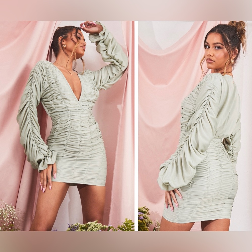 NWT Sage Green Gathered Detail Plunge Ruched Sleeve Bodycon Dress